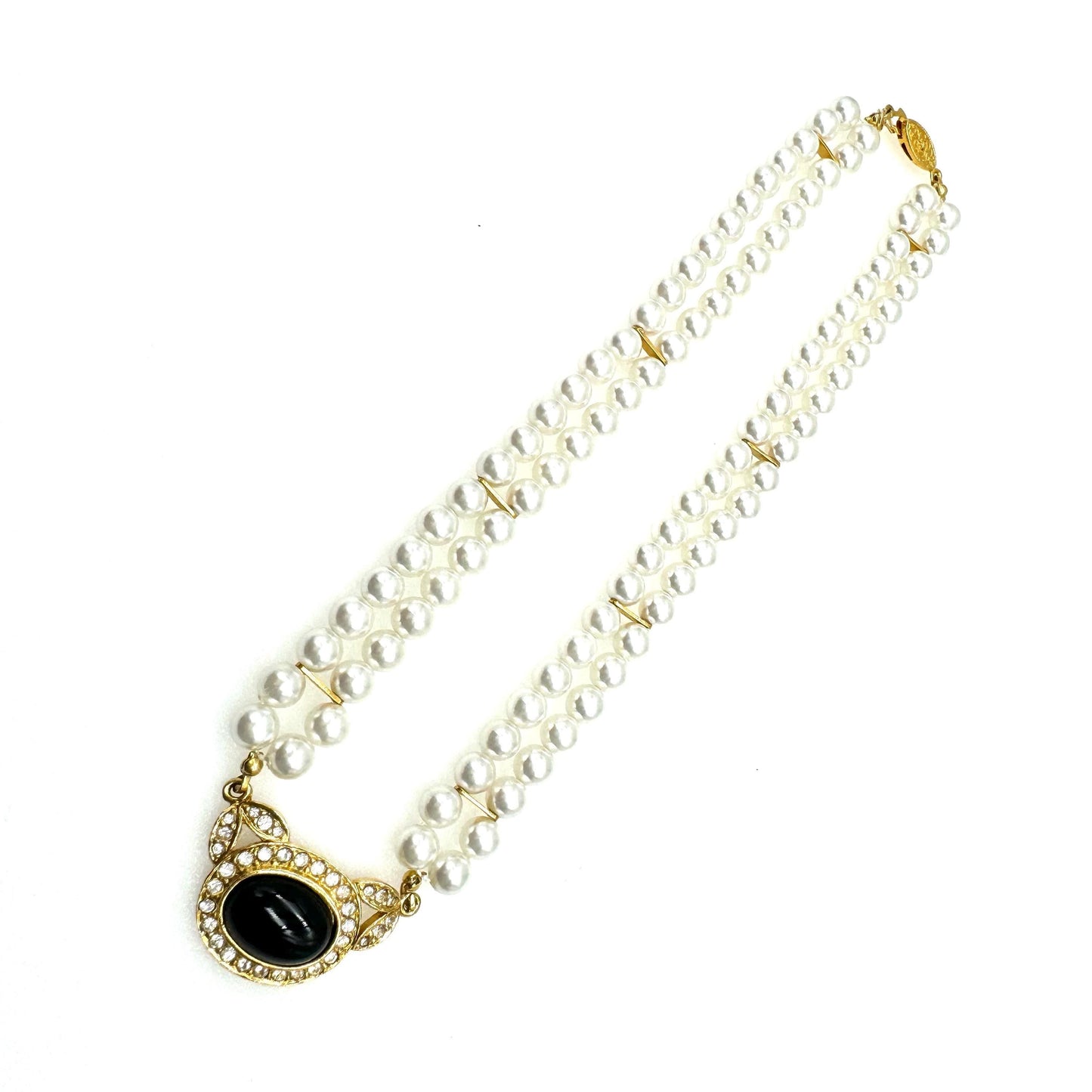 Pierre Cardin Two Strand Faux Pearl Necklace with Black Glass Cabochon and Crystal Integral Pendant