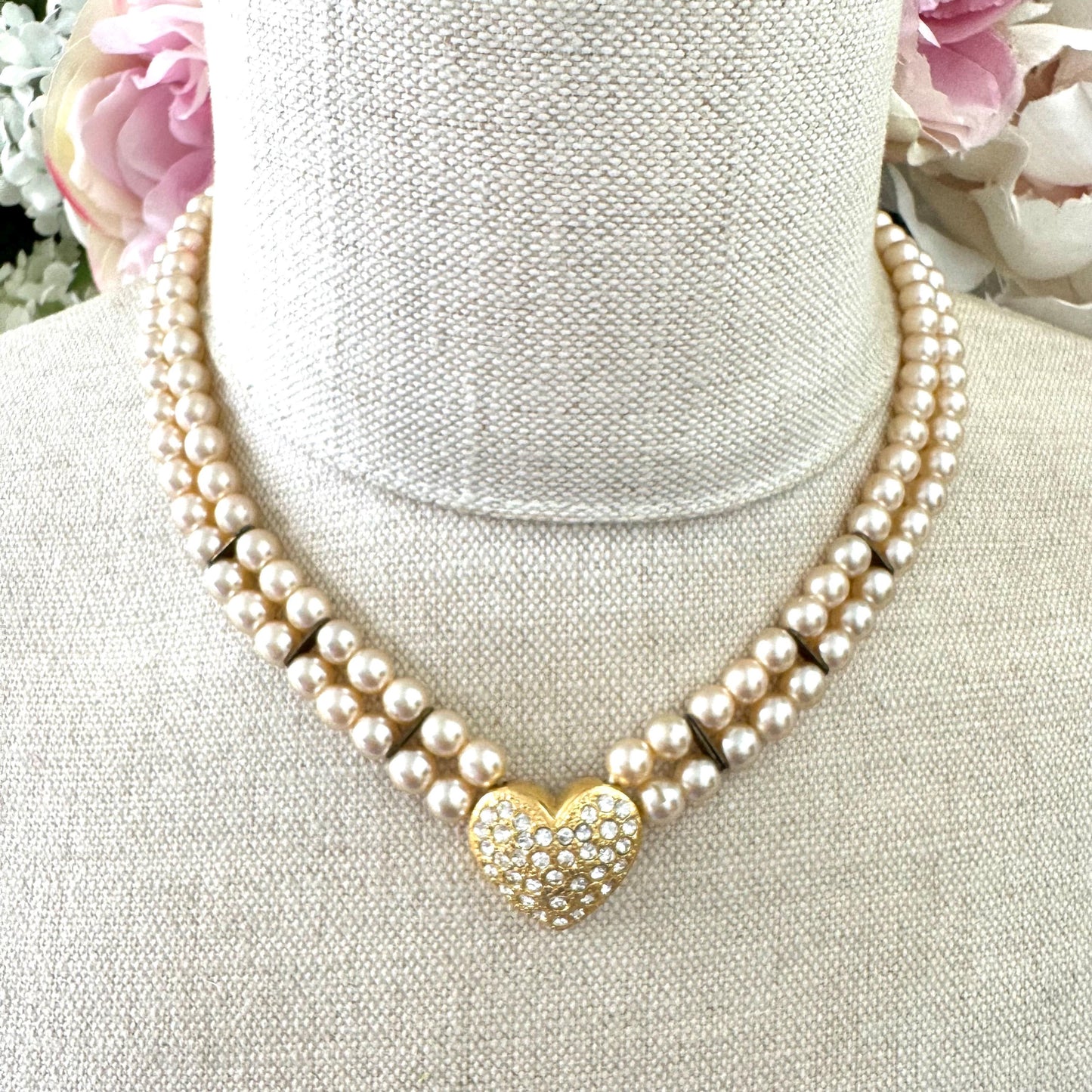 Sphinx Two Strand Faux Pearl Necklace with Integral Heart Pendant