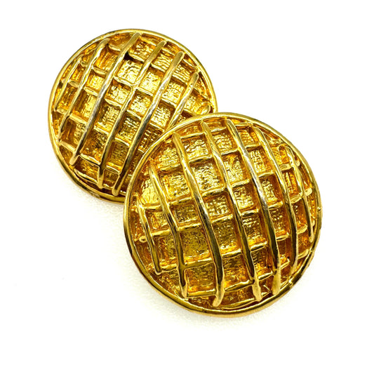 Unsigned Lattice Domed Gold  Clip On Earrings