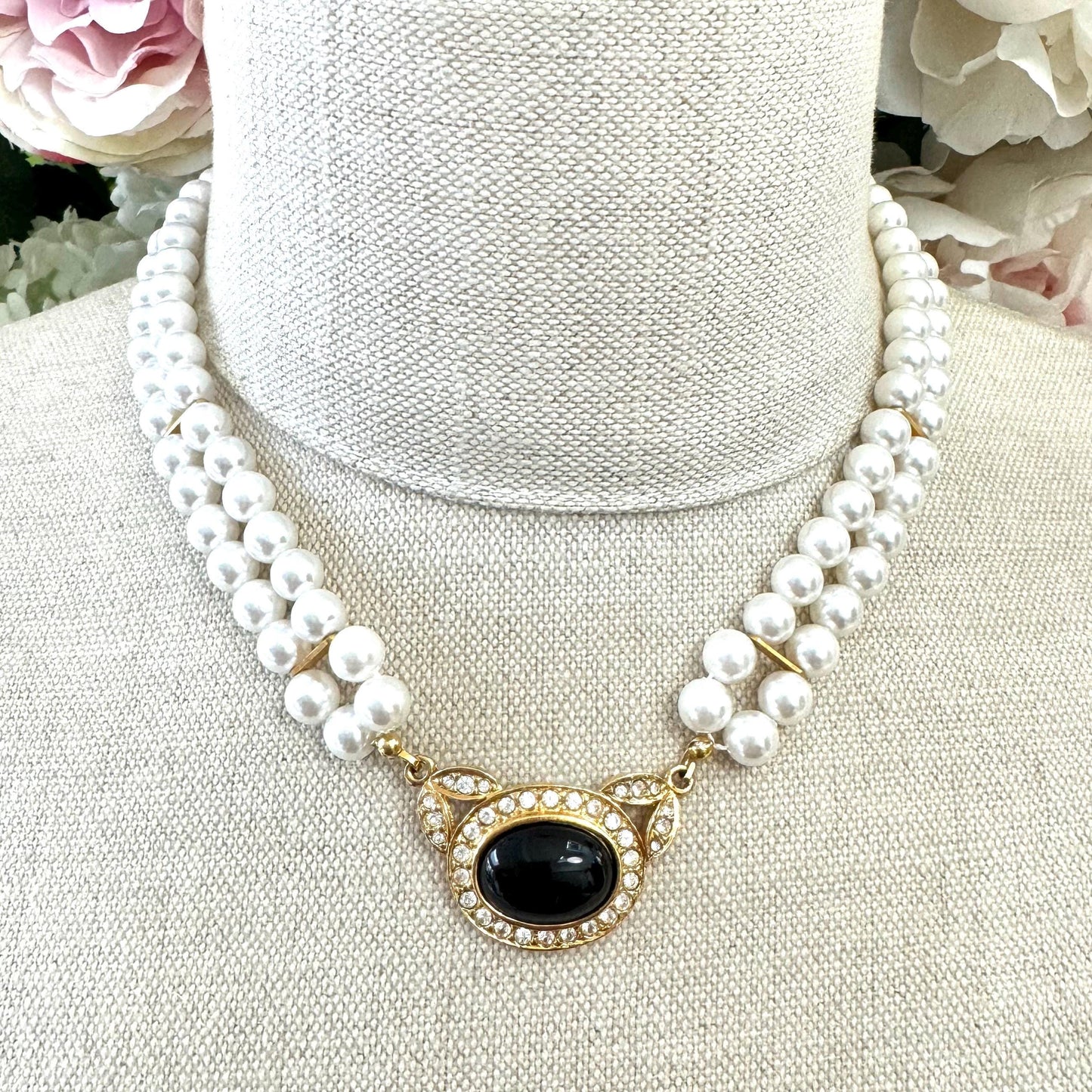 Pierre Cardin Two Strand Faux Pearl Necklace with Black Glass Cabochon and Crystal Integral Pendant