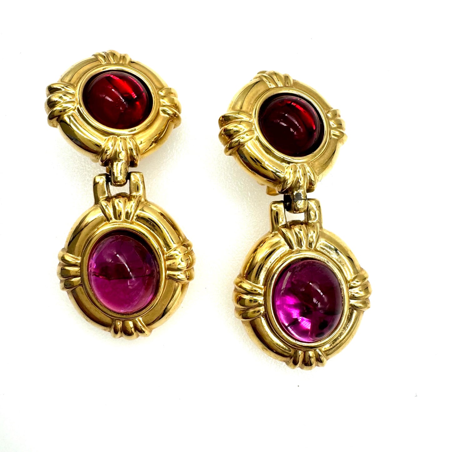 Vintage Crackled Foil Back Red and Pink Glass Clip On Dropper Earrings