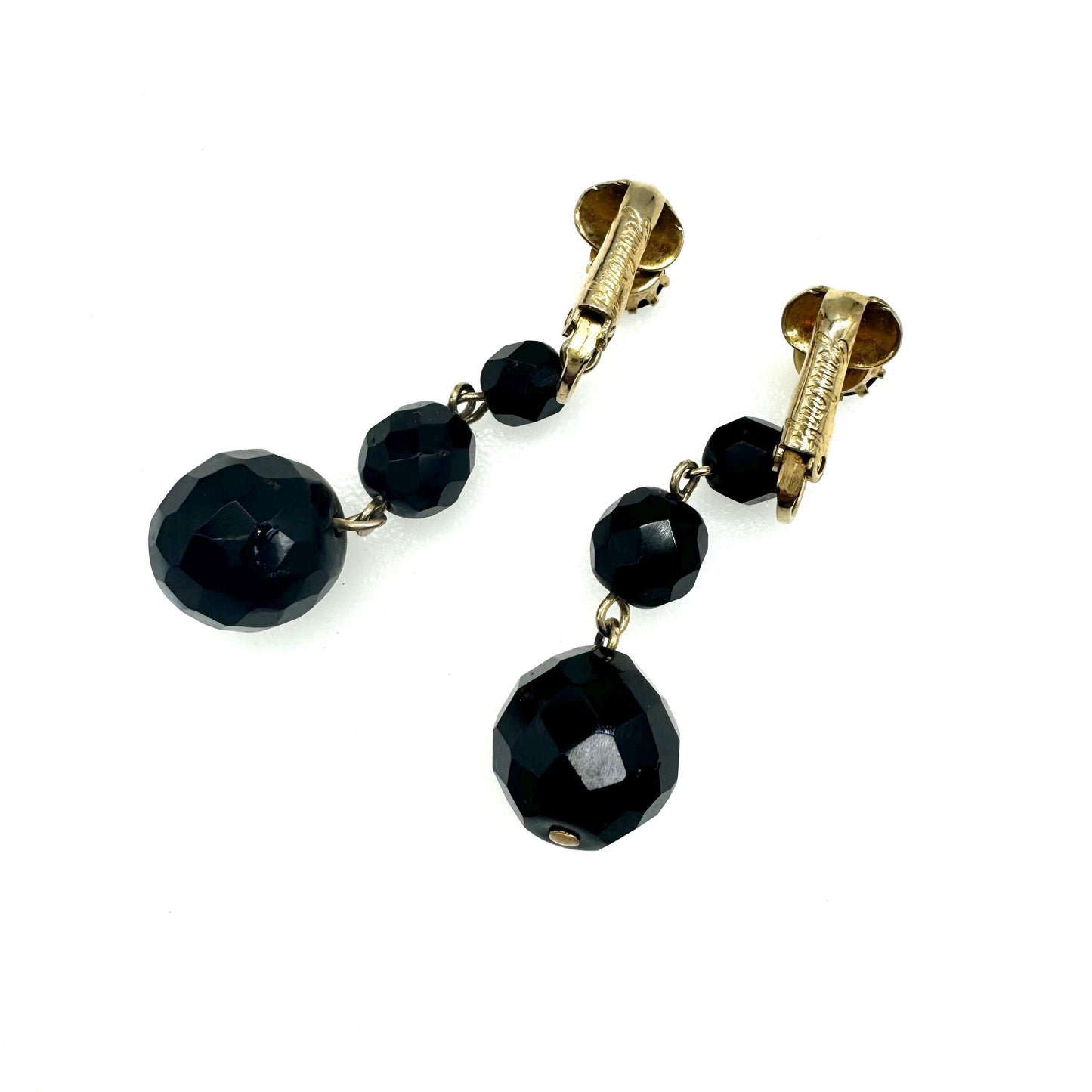 Jewelcraft Graduated Black Faceted Glass Dropper Clip On Earrings