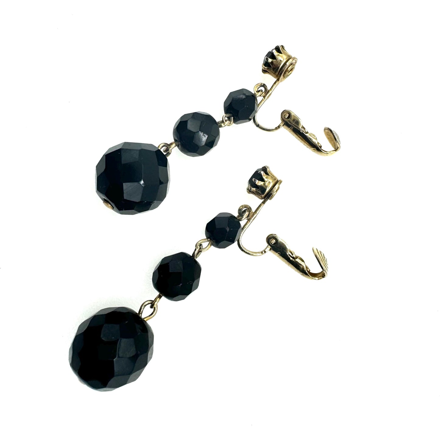 Jewelcraft Graduated Black Faceted Glass Dropper Clip On Earrings