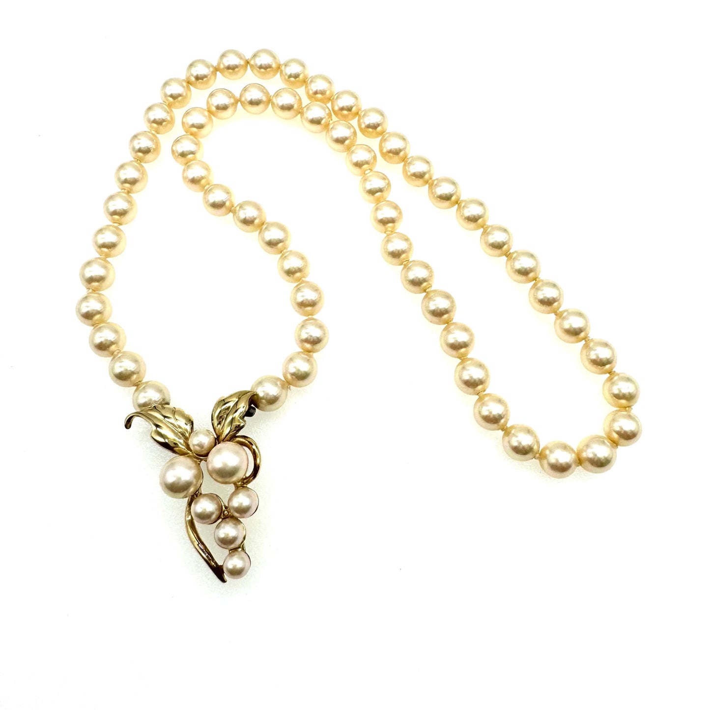 Majorica Hand Knotted Pearl Necklace with Asymmetrical Integral 925 Silver (Gold Vermeil) Grape or Flower Pendant Front Fastening