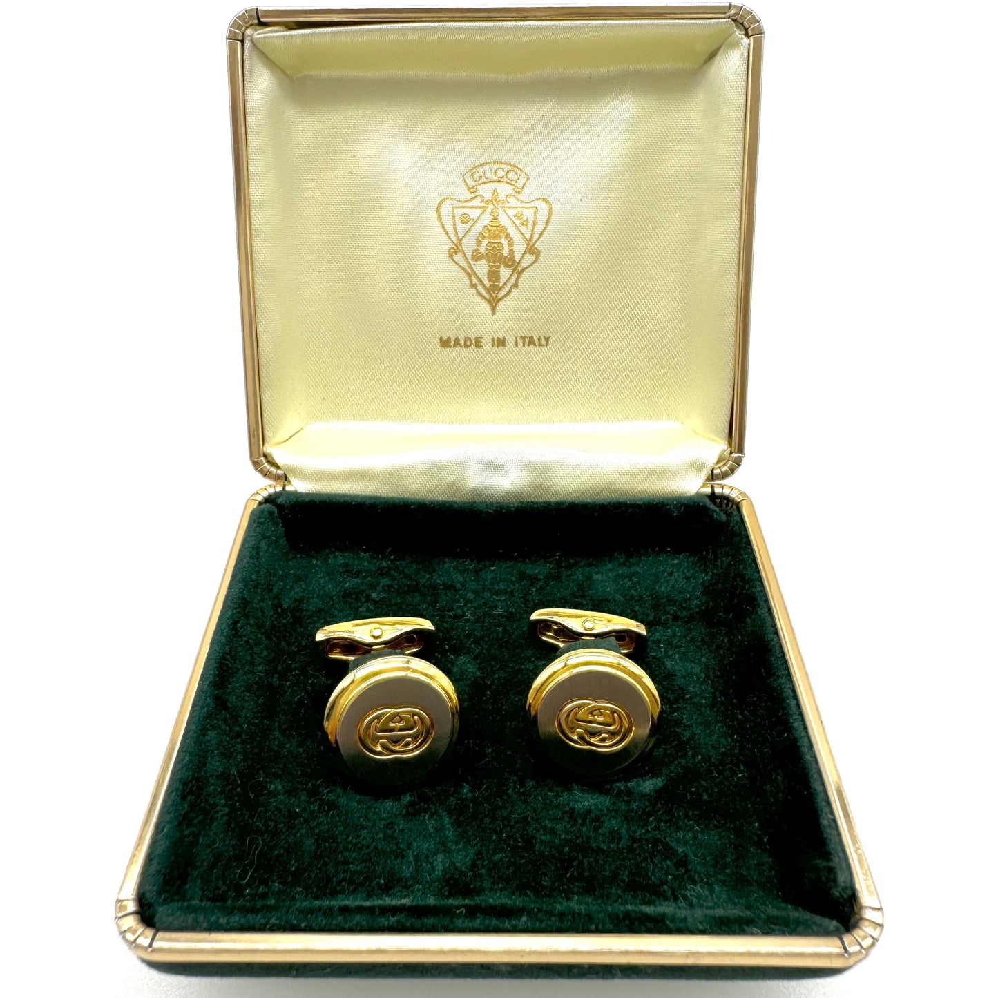 Gucci Interlocking G's Logo Cuff Links in Original Green Velveteen Branded Box