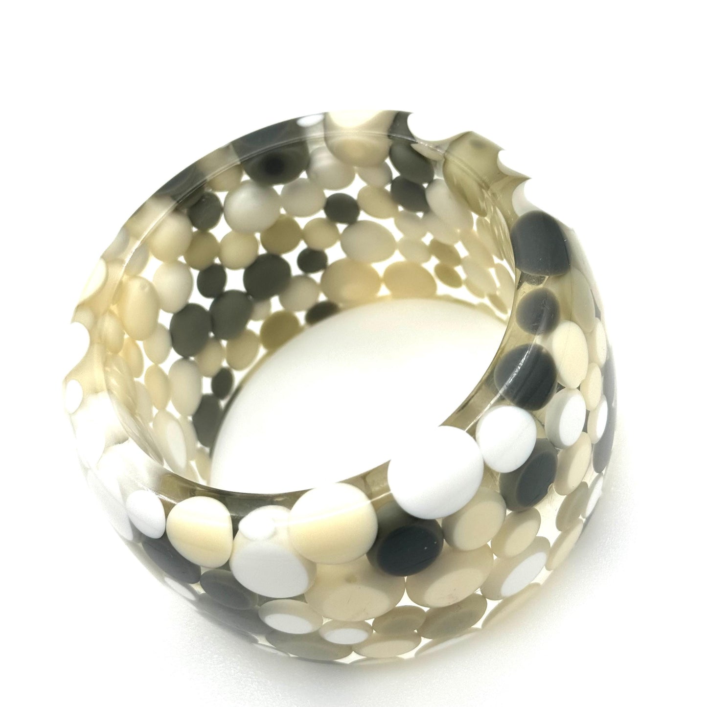 Carlos Sobral Huge Signed White, Olive, Cream and Grey Polka Dot Resin Bangle