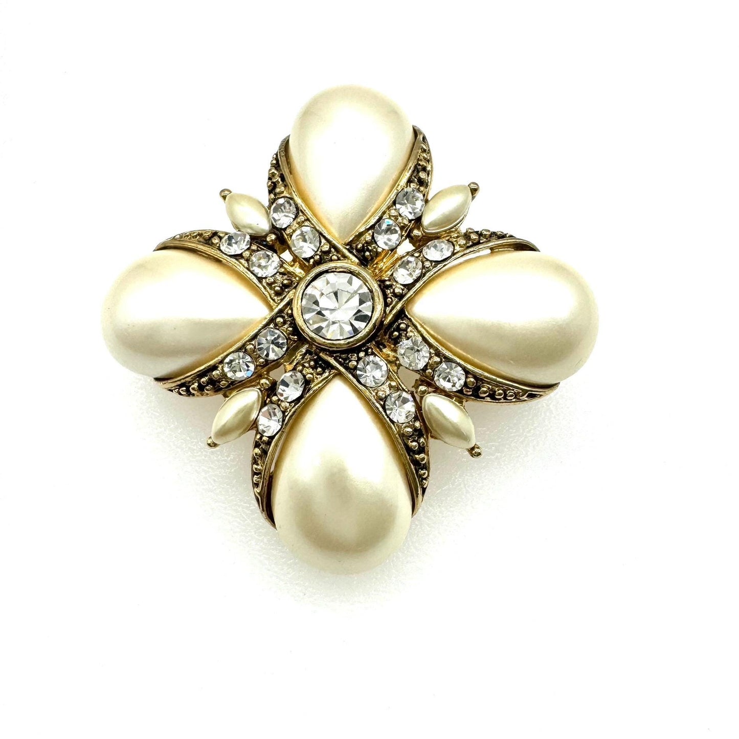 Monet Maltese Cross Inspired Faux Pearl and Swarovski Crystal Brooch