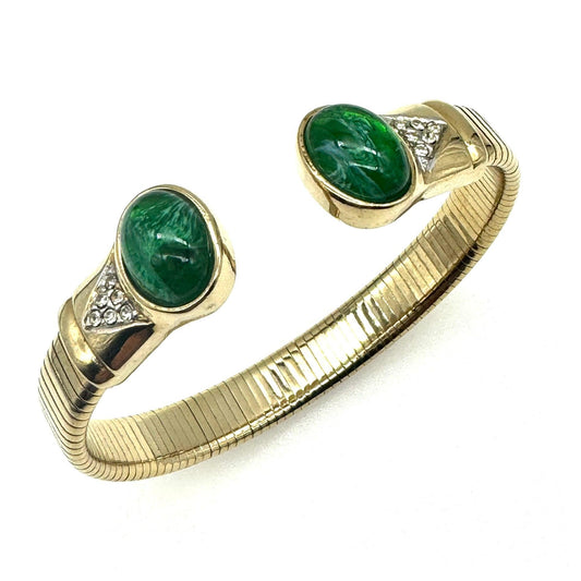 Schoffel (Crown Mark) Green Art Glass (Flawed Emerald) Cabochon Stretch Cuff