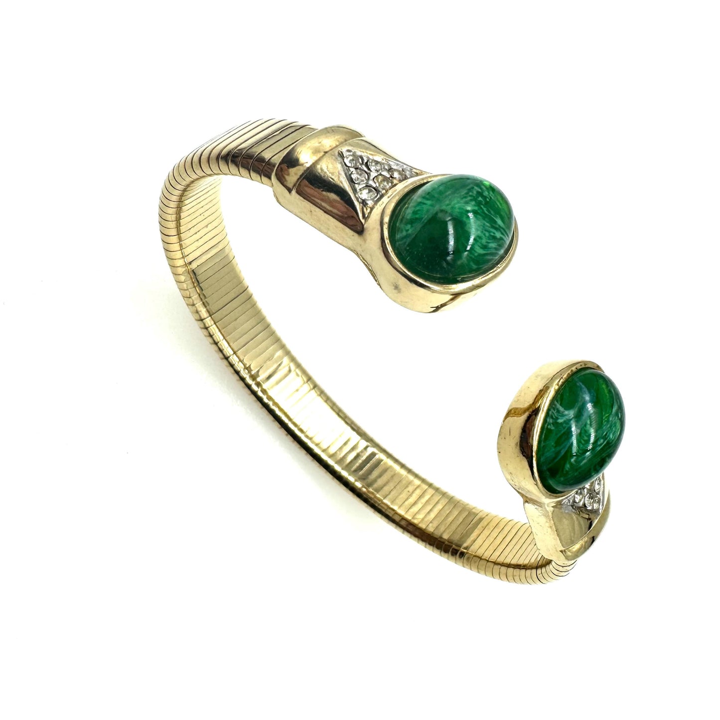 Schoffel (Crown Mark) Green Art Glass (Flawed Emerald) Cabochon Stretch Cuff