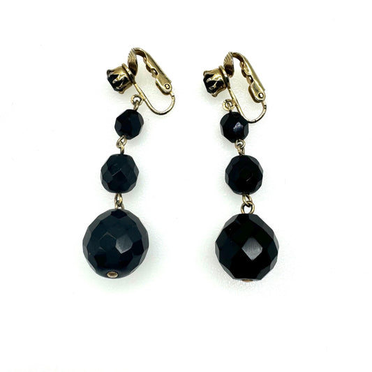 Jewelcraft Graduated Black Faceted Glass Dropper Clip On Earrings