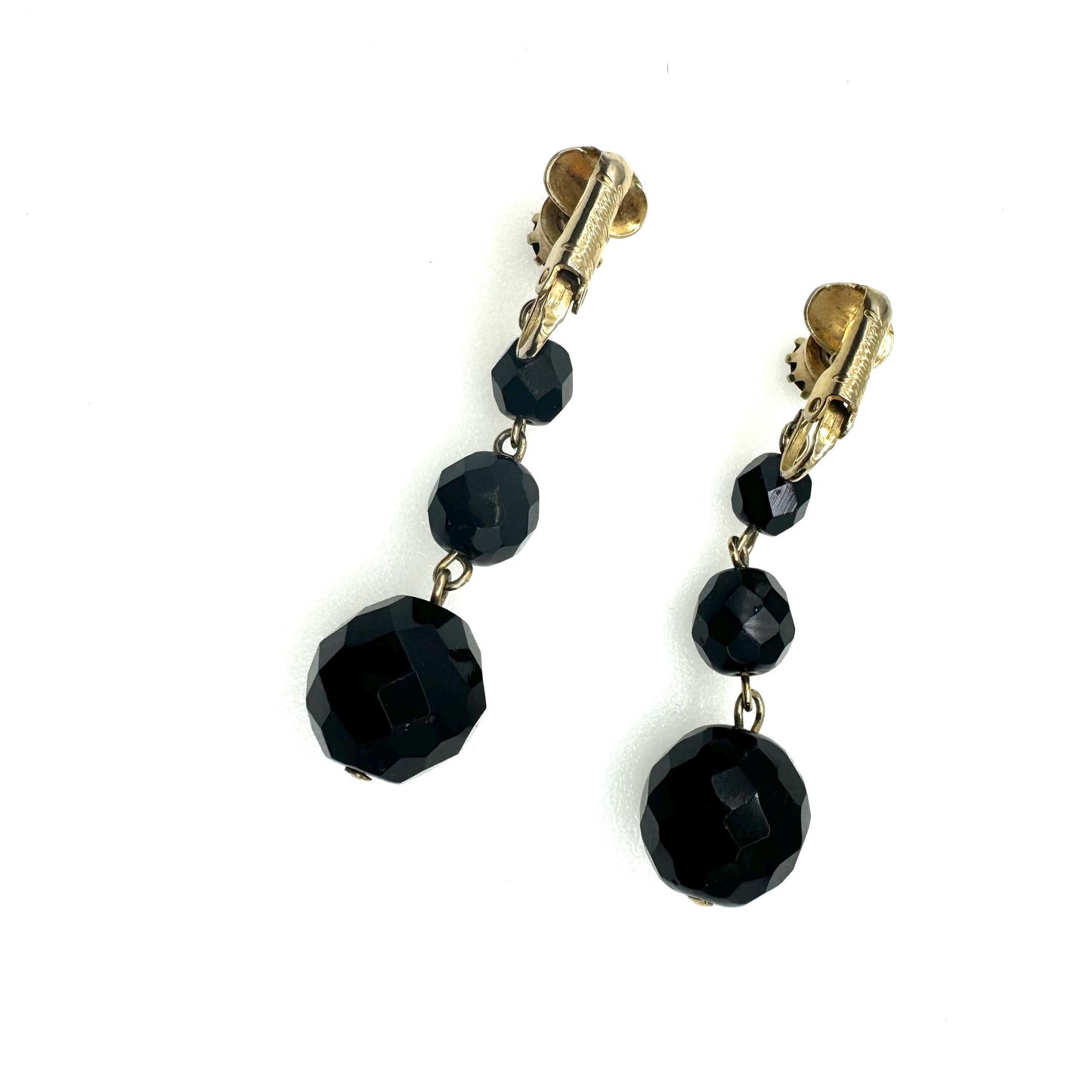 Jewelcraft Graduated Black Faceted Glass Dropper Clip On Earrings