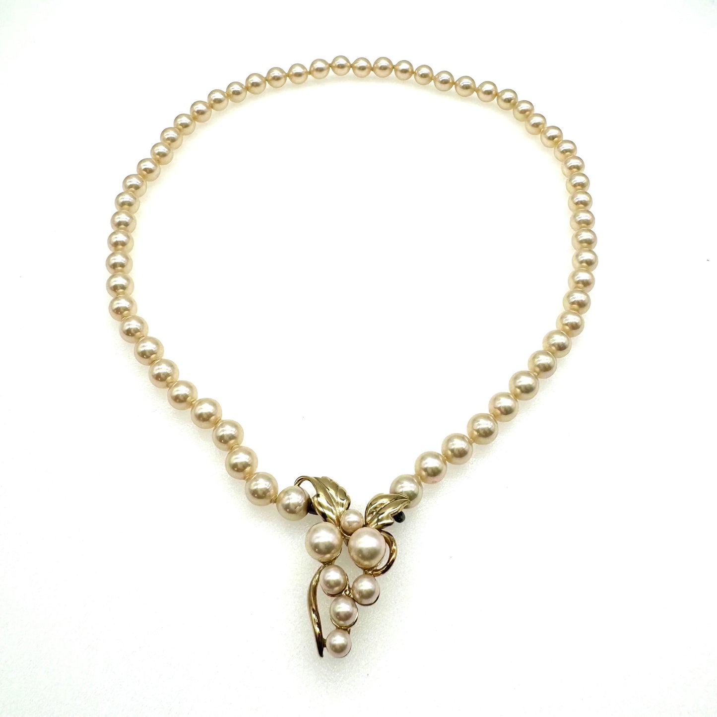 Majorica Hand Knotted Pearl Necklace with Asymmetrical Integral 925 Silver (Gold Vermeil) Grape or Flower Pendant Front Fastening