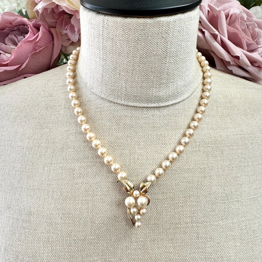 Majorica Hand Knotted Pearl Necklace with Asymmetrical Integral 925 Silver (Gold Vermeil) Grape or Flower Pendant Front Fastening