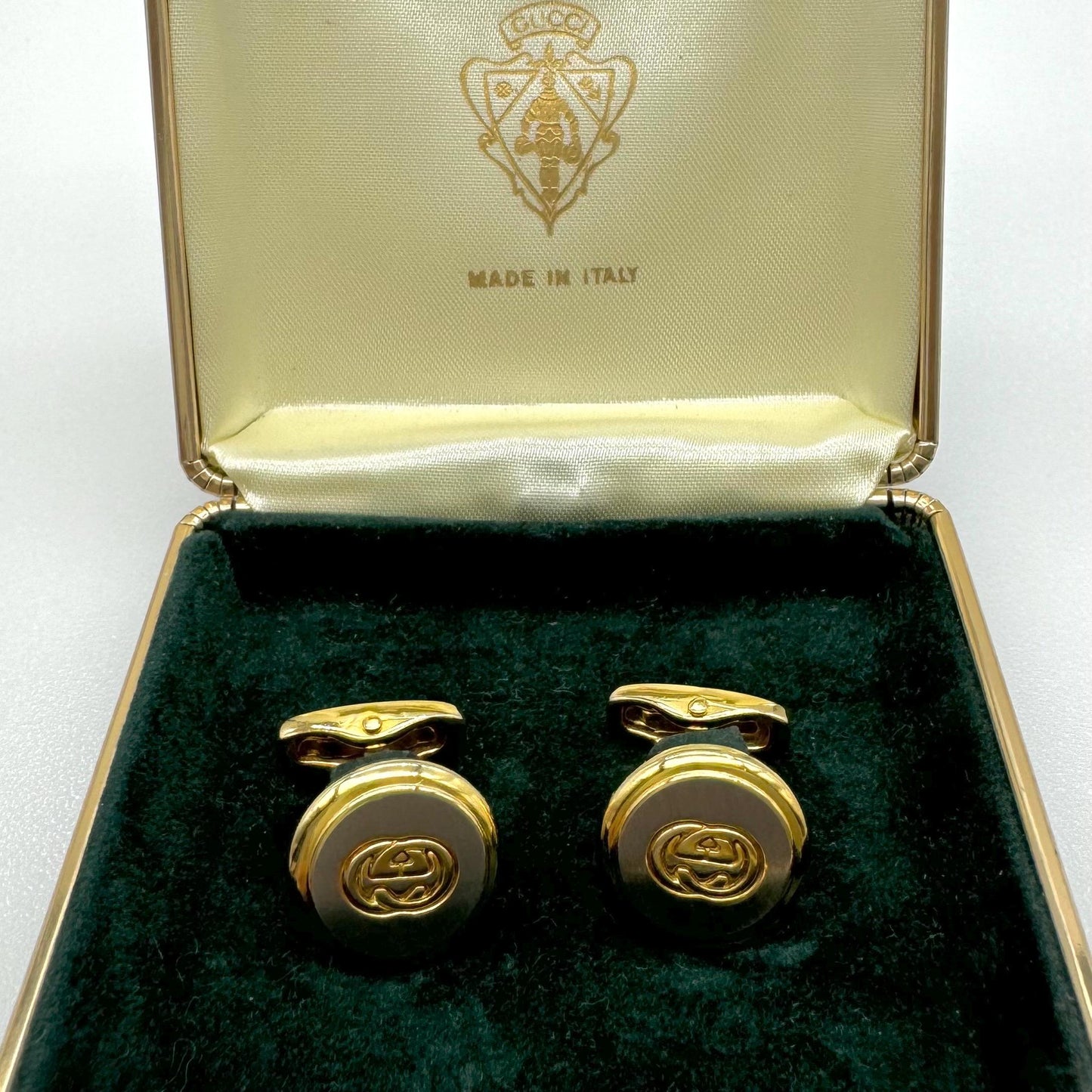 Gucci Interlocking G's Logo Cuff Links in Original Green Velveteen Branded Box