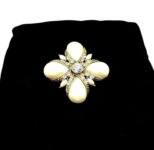 Monet Maltese Cross Inspired Faux Pearl and Swarovski Crystal Brooch