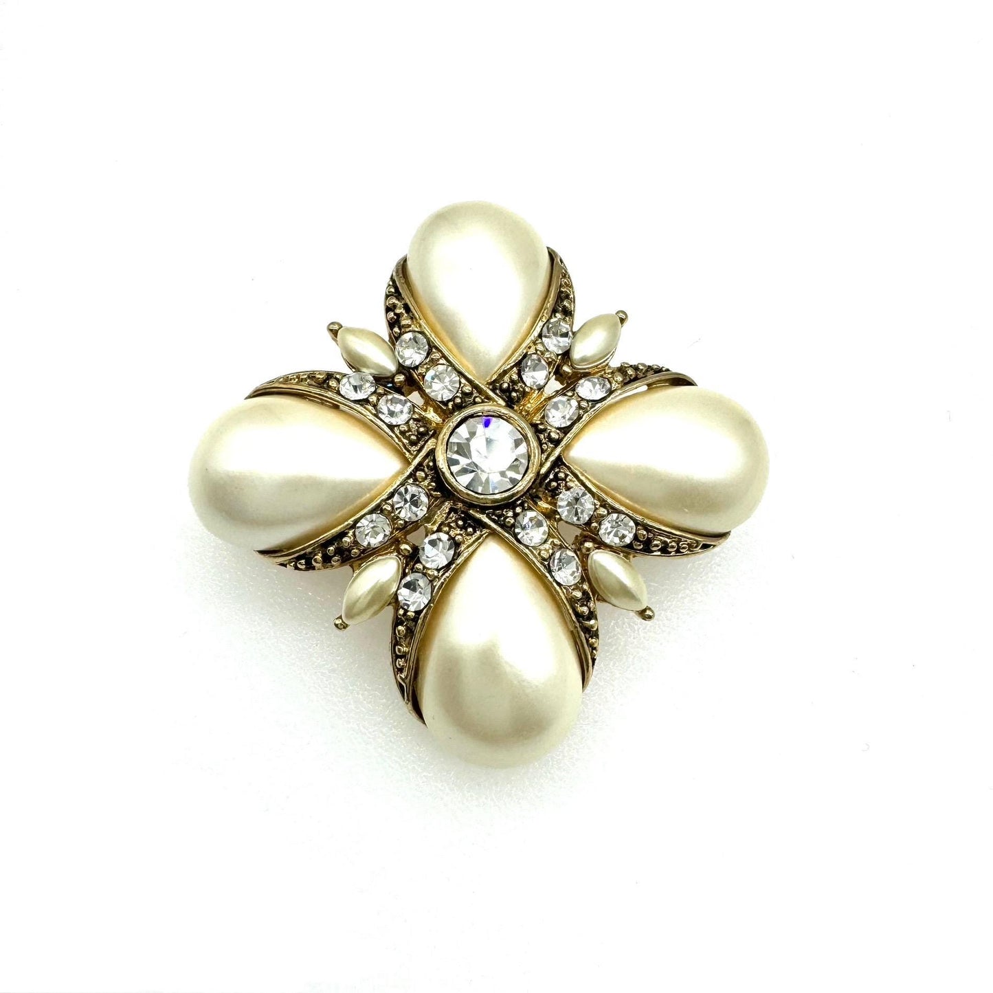 Monet Maltese Cross Inspired Faux Pearl and Swarovski Crystal Brooch