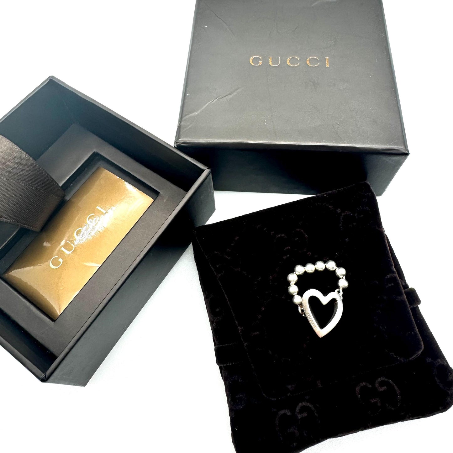 Gucci 925 Boule Heart Ring Size UK P / US 7.5 In Original Gucci Brown Velvet Logo Pouch and Original Gucci Branded Brown Box