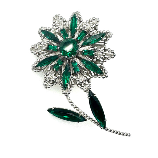 Unsigned Emerald Green and Clear Rhinestone Flower Brooch