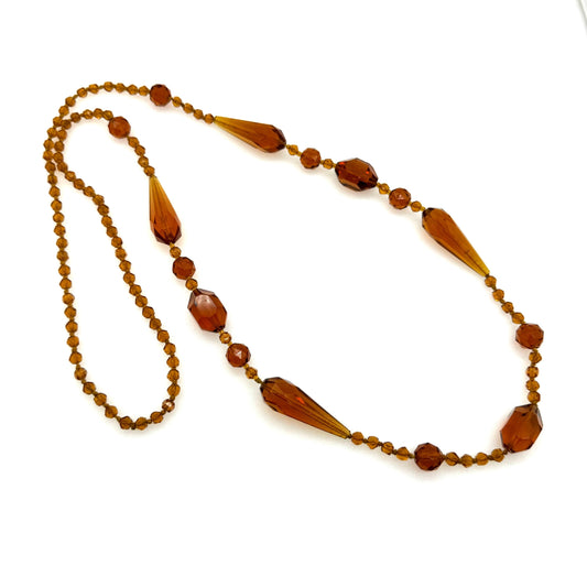 Art Deco Czech Hand Knotted Faceted Amber Glass Bead Flapper Necklace