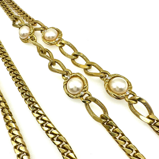 Faux Pearl and Crystal Bezel Set Station Curb Chain Necklace