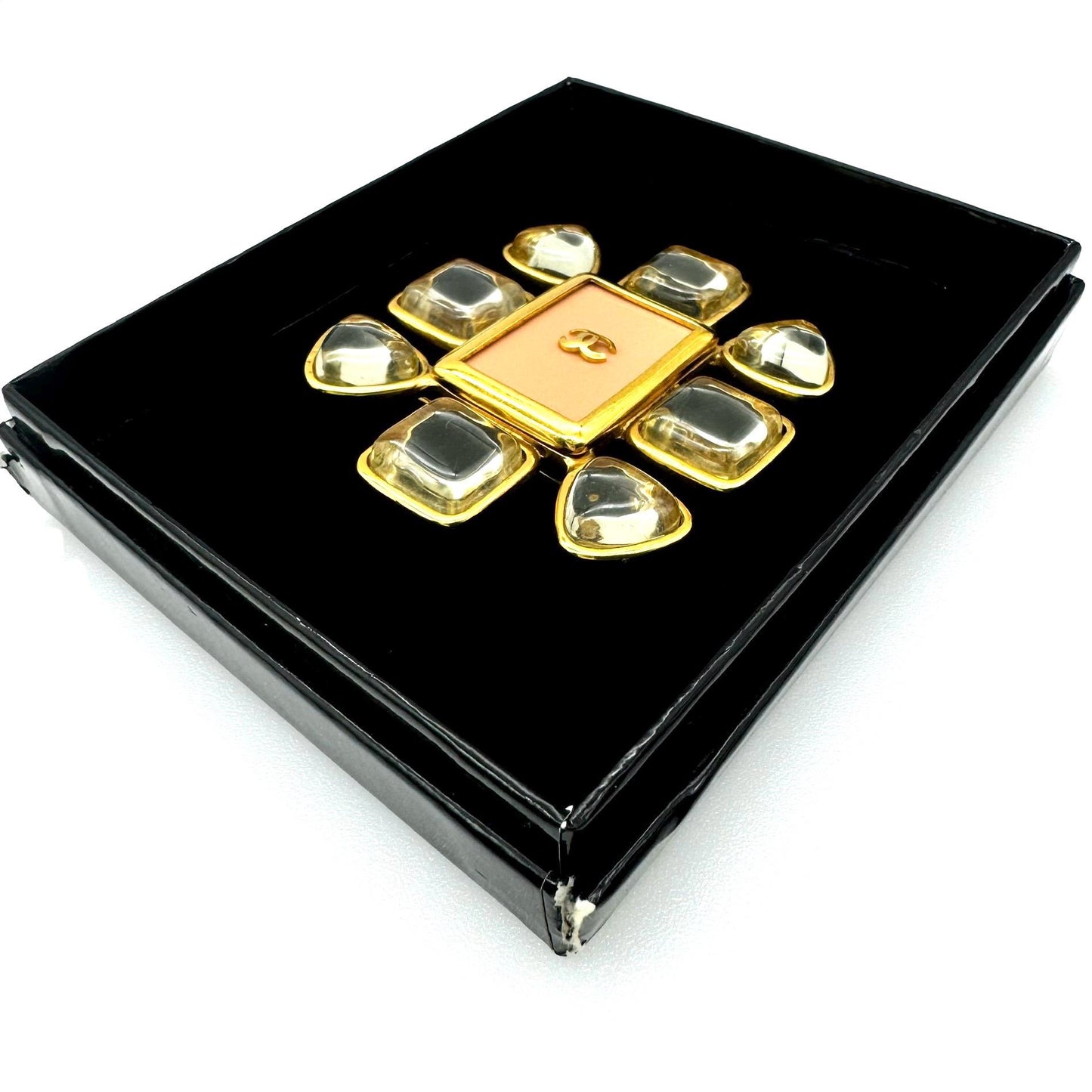 Chanel Spring 1996 Faux Rock Crystal Sugarloaf Cabochons and Salmon Plaque Brooch with Chanel Box