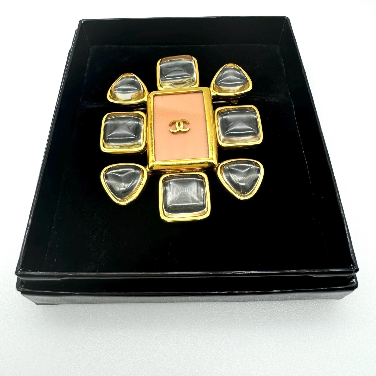 Chanel Spring 1996 Faux Rock Crystal Sugarloaf Cabochons and Salmon Plaque Brooch with Chanel Box