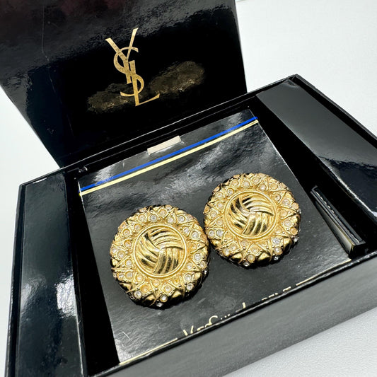 Large Yves Saint Laurent 1980's Robert Goossens Round Gold Plated Swarovski Crystal Clip On Earrings In Original YSL Box