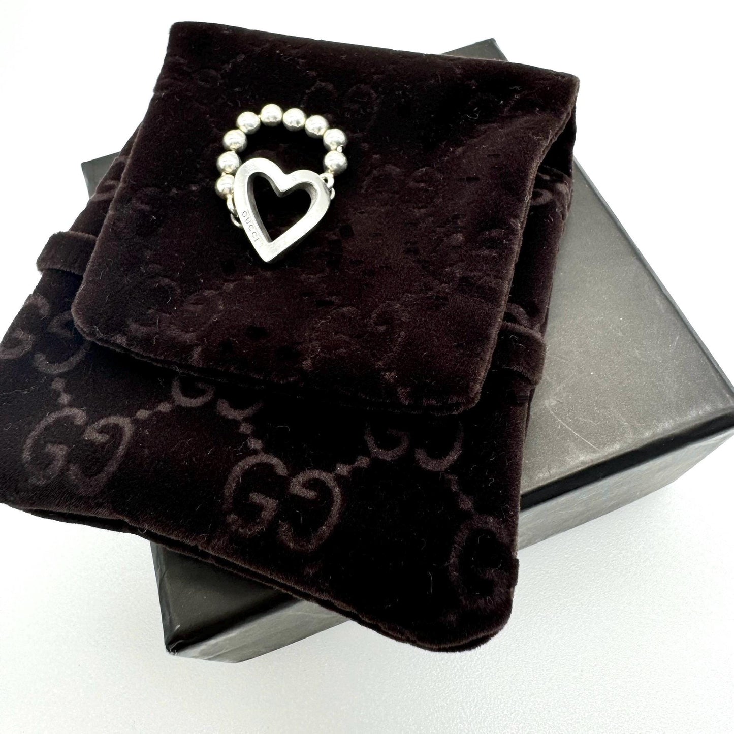 Gucci 925 Boule Heart Ring Size UK P / US 7.5 In Original Gucci Brown Velvet Logo Pouch and Original Gucci Branded Brown Box