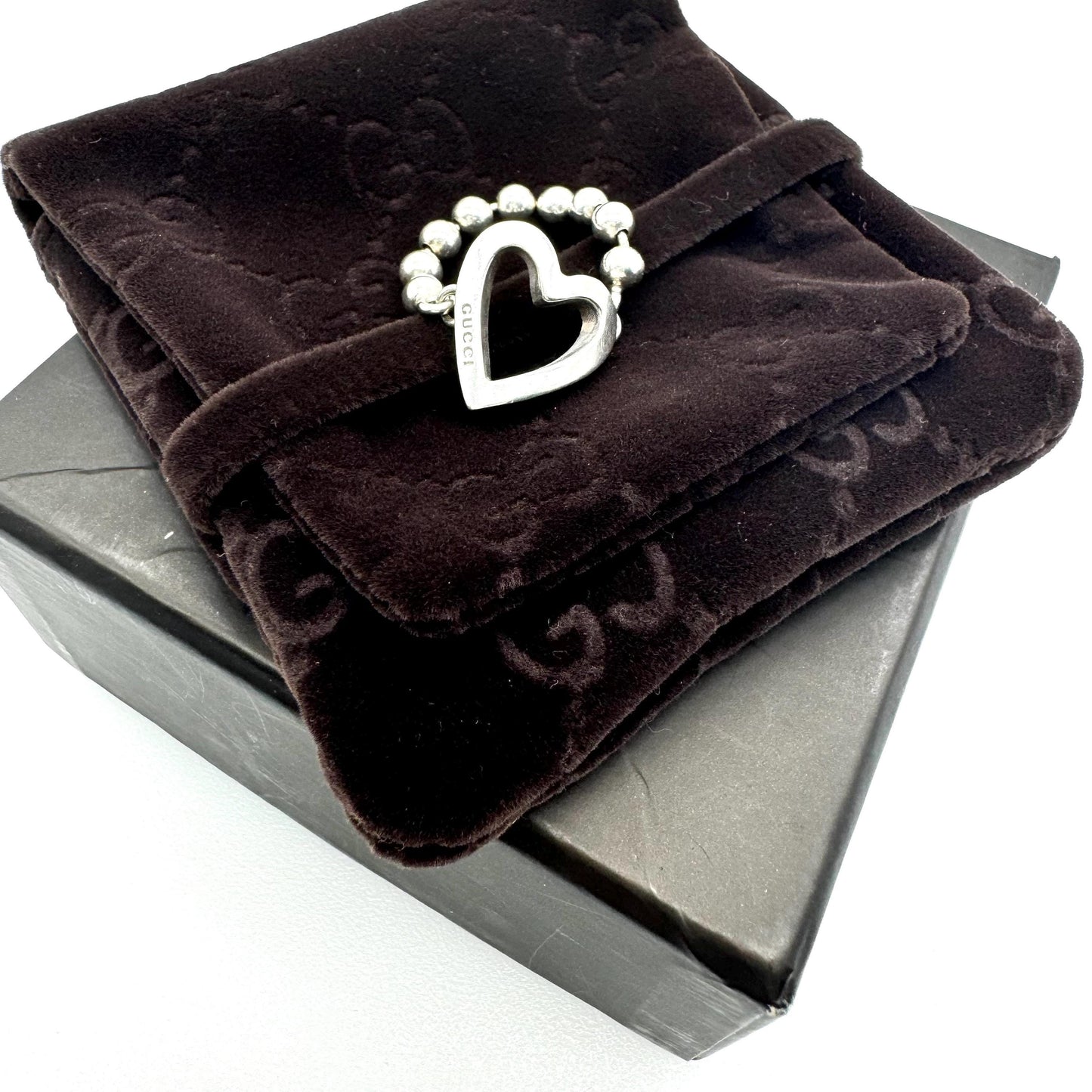 Gucci 925 Boule Heart Ring Size UK P / US 7.5 In Original Gucci Brown Velvet Logo Pouch and Original Gucci Branded Brown Box