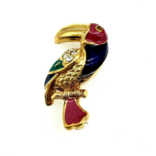 Attwood and Sawyer 22ct Gold Plated Enamel and Swarovski Crystal Toucan Brooch