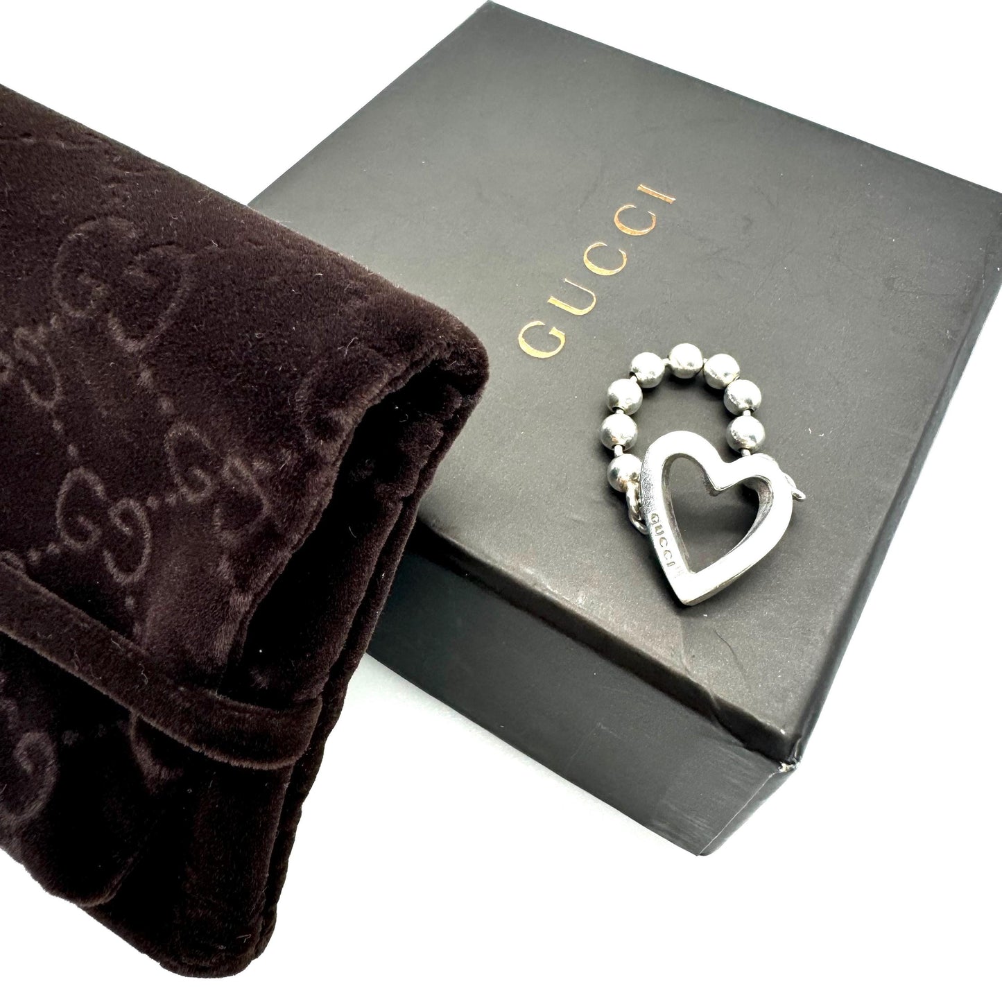 Gucci 925 Boule Heart Ring Size UK P / US 7.5 In Original Gucci Brown Velvet Logo Pouch and Original Gucci Branded Brown Box