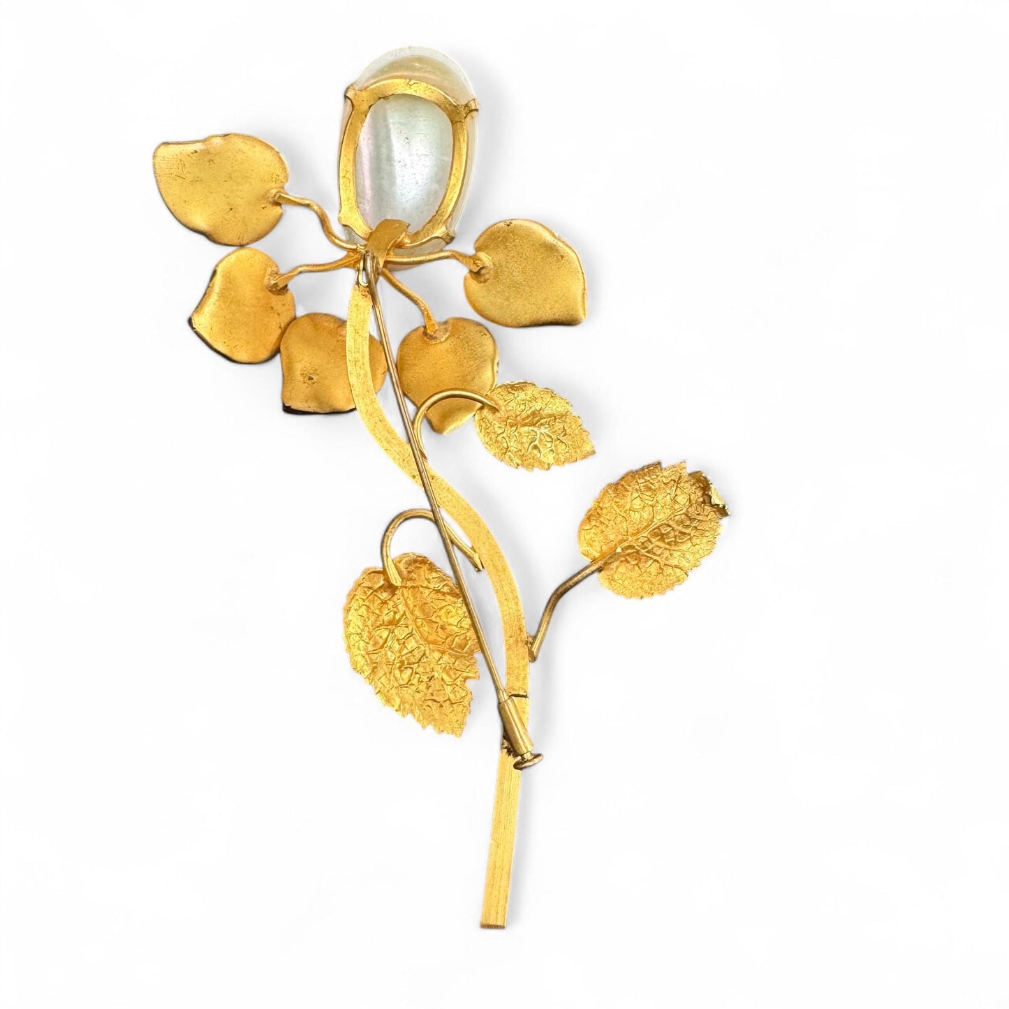 Countess Cissy Zoltowska Large Gilded Metal Brooch with Molded Glass Leaves, Painted Enamel Leaves, and Single Osmena Pearl Cabochon