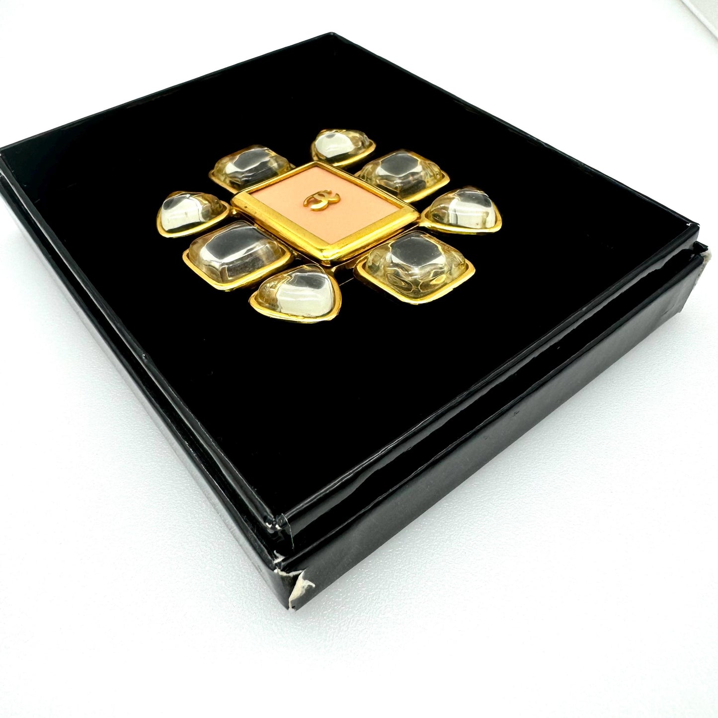 Chanel Spring 1996 Faux Rock Crystal Sugarloaf Cabochons and Salmon Plaque Brooch with Chanel Box