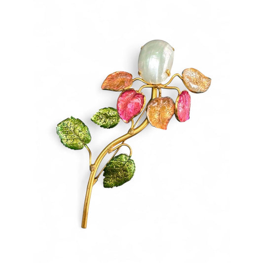 Countess Cissy Zoltowska Large Gilded Metal Brooch with Molded Glass Leaves, Painted Enamel Leaves, and Single Osmena Pearl Cabochon