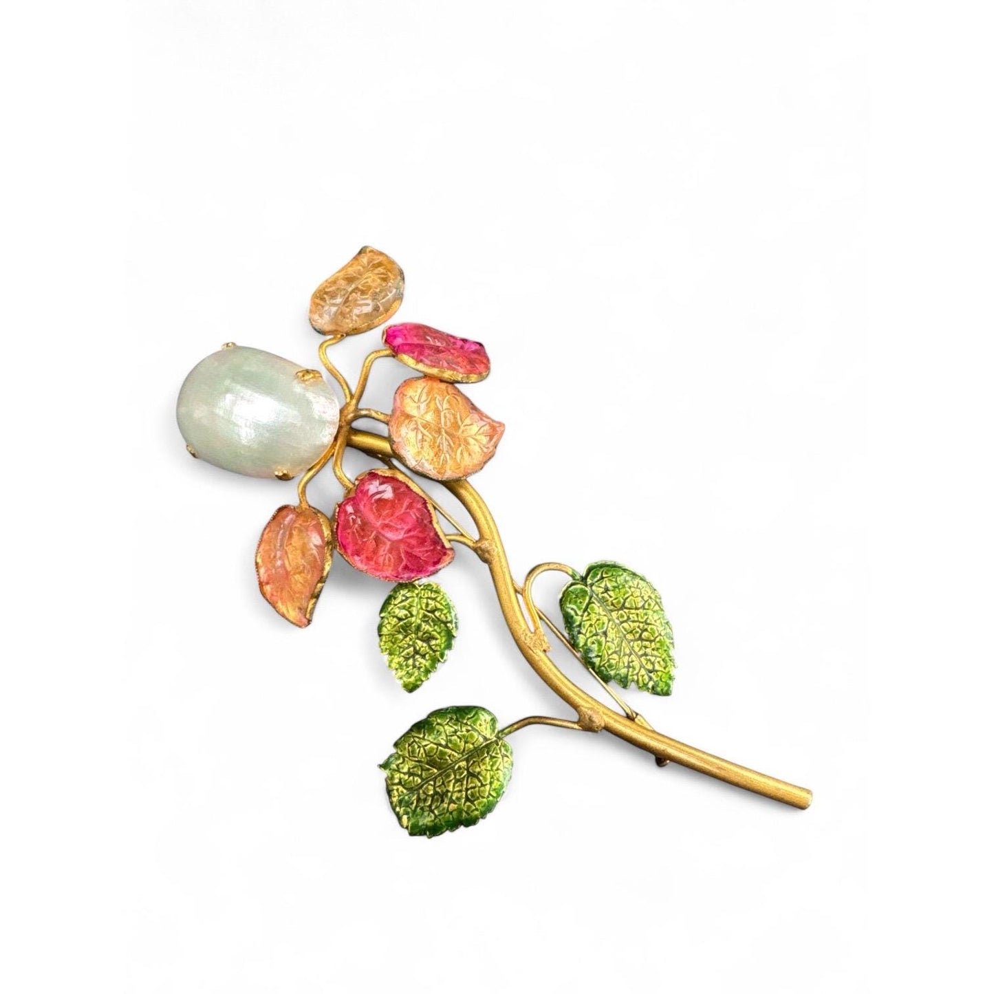 Countess Cissy Zoltowska Large Gilded Metal Brooch with Molded Glass Leaves, Painted Enamel Leaves, and Single Osmena Pearl Cabochon