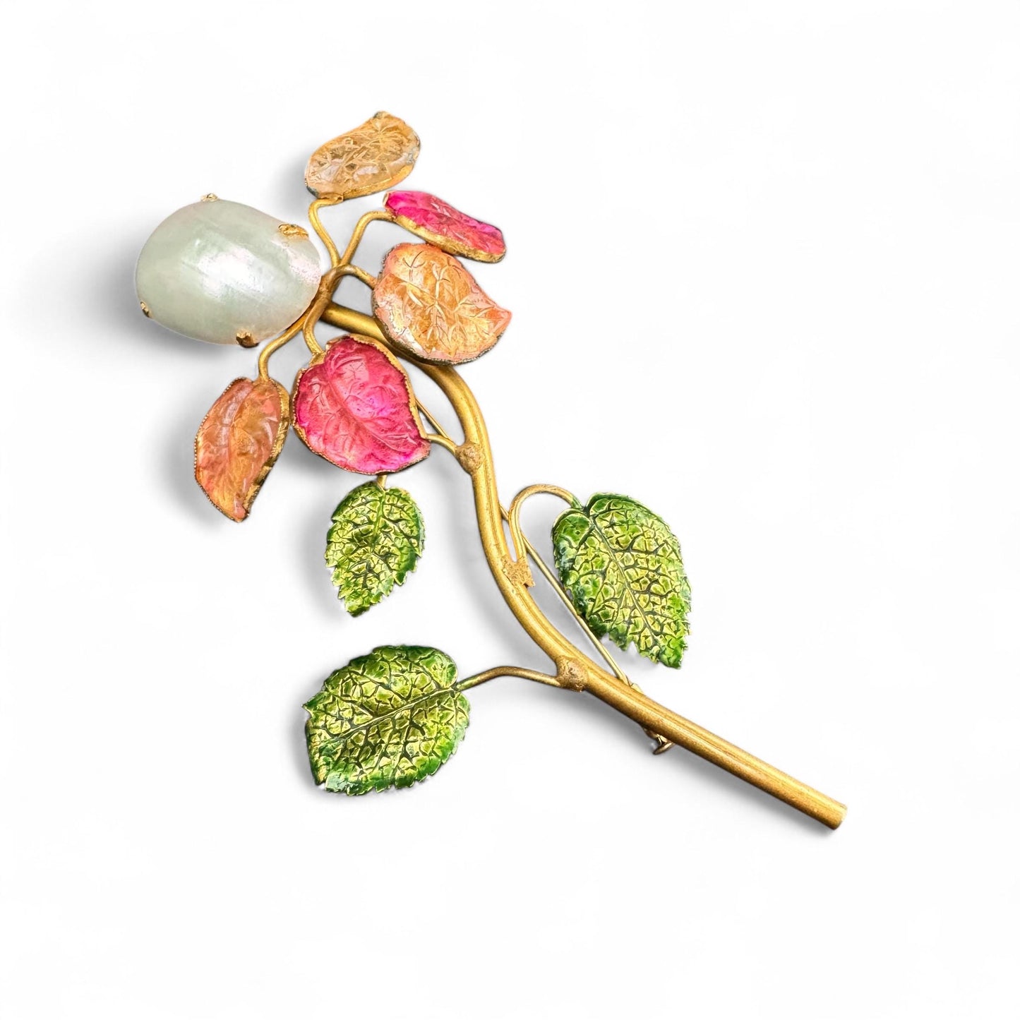 Countess Cissy Zoltowska Large Gilded Metal Brooch with Molded Glass Leaves, Painted Enamel Leaves, and Single Osmena Pearl Cabochon