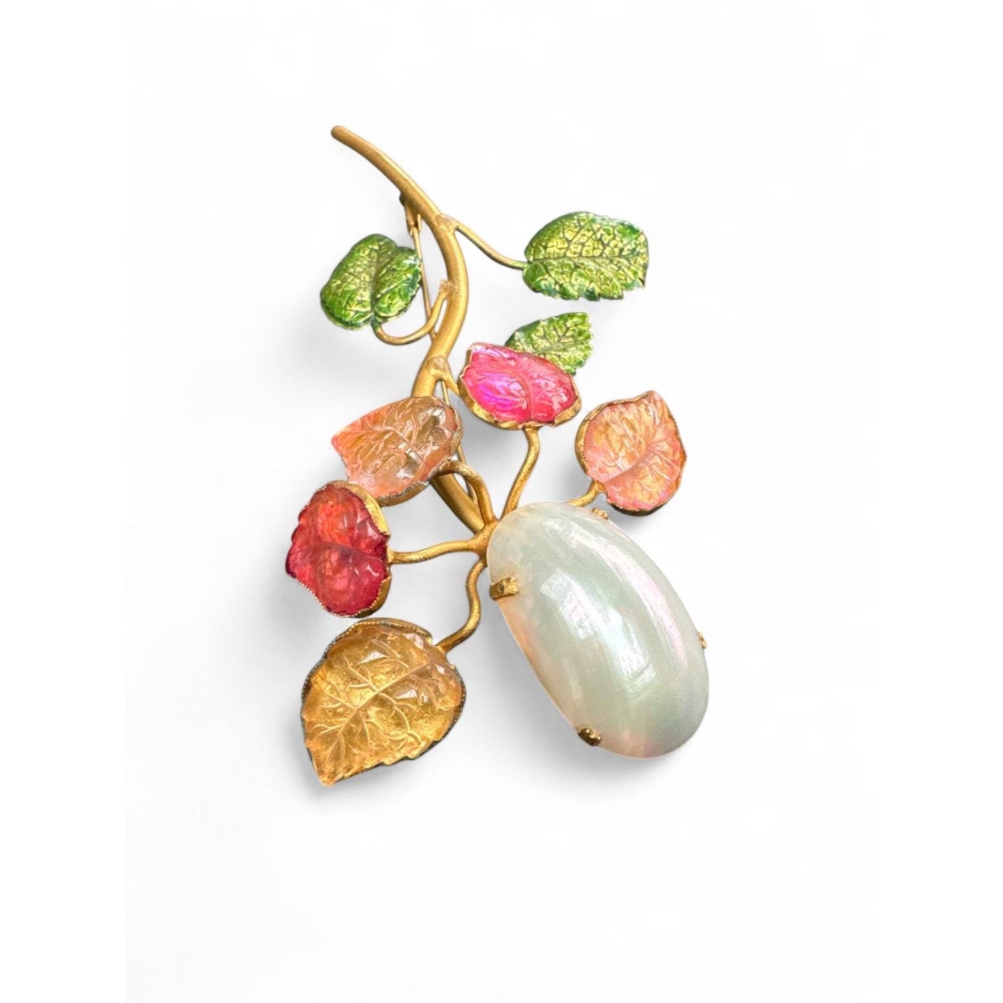 Countess Cissy Zoltowska Large Gilded Metal Brooch with Molded Glass Leaves, Painted Enamel Leaves, and Single Osmena Pearl Cabochon