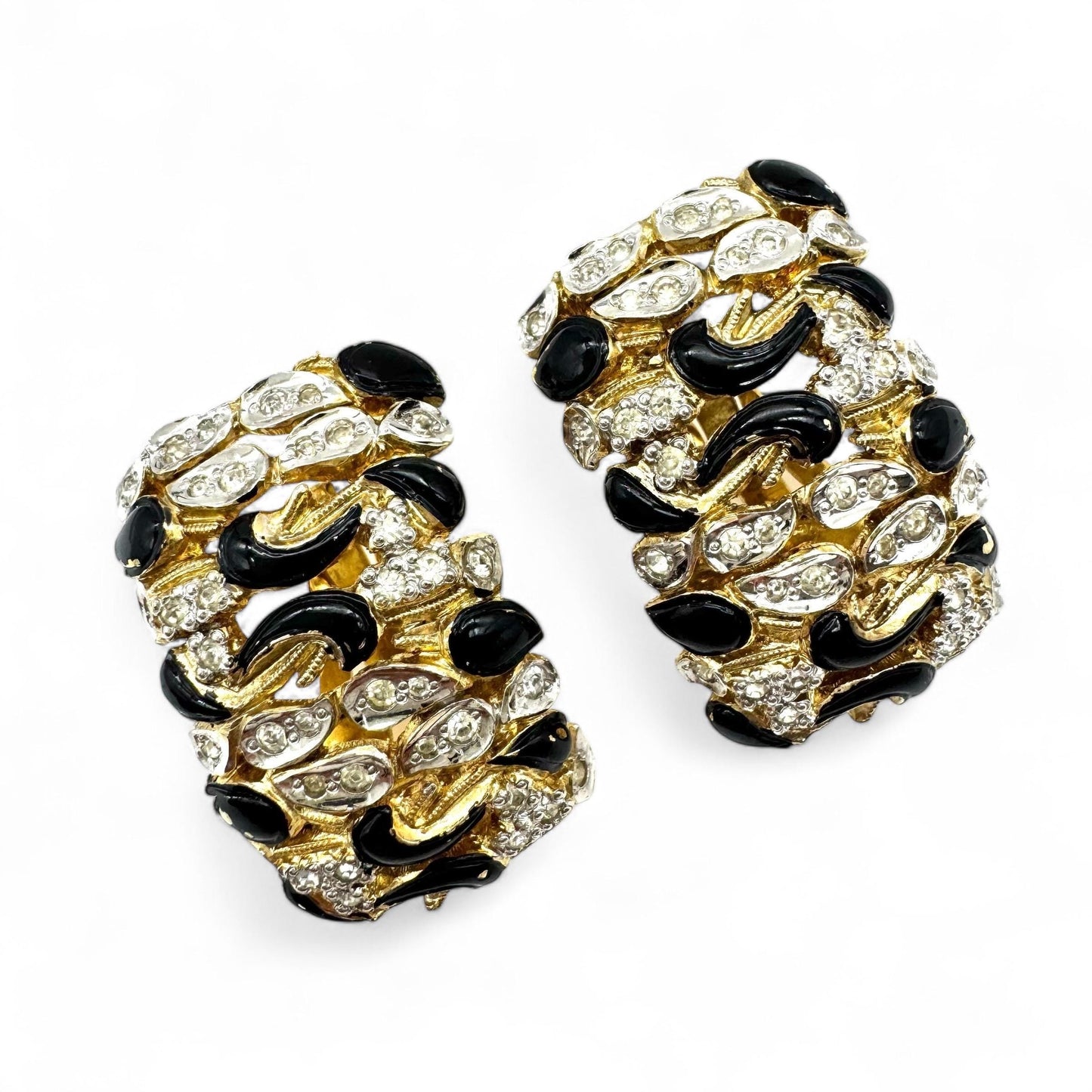 1980's Pierre Cardin Made In Italy Black Enamel and Rhinestone Clip On Earrings