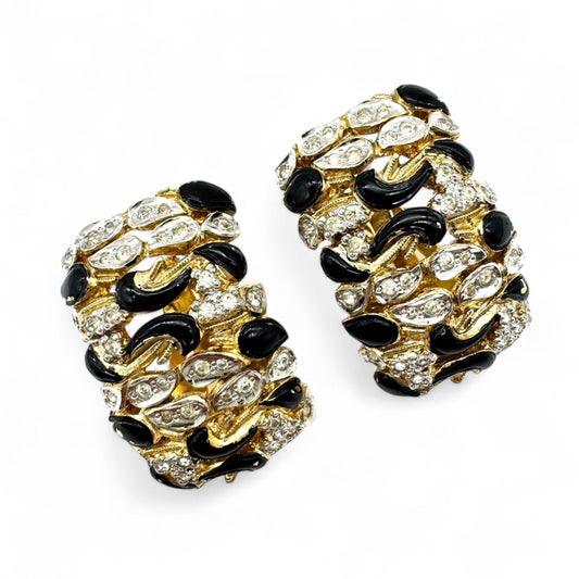 1980's Pierre Cardin Made In Italy Black Enamel and Rhinestone Clip On Earrings