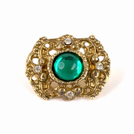 broche néo-victorienne vintage avec cabochon en verre de style Gripoix et strass clairs