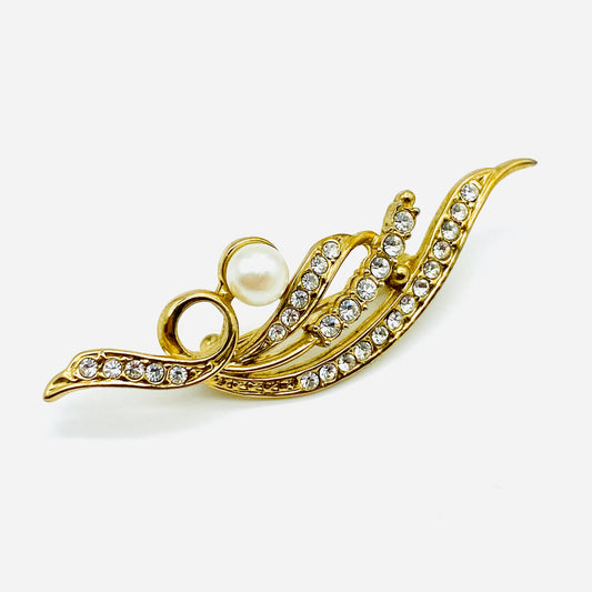 18ct GP Crystal and Faux Pearl Leaf Brooch