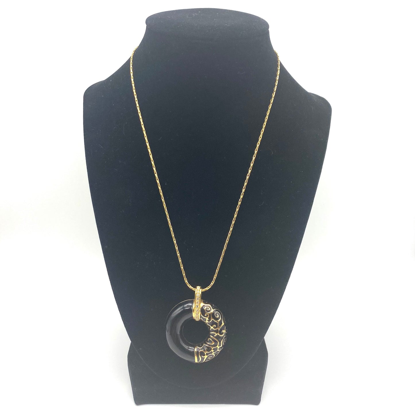 Camrose and Kross Jacqueline Kennedy Black Enamel, Crystal and Gold Plate "Parisian Circle' Pendant in Original Box