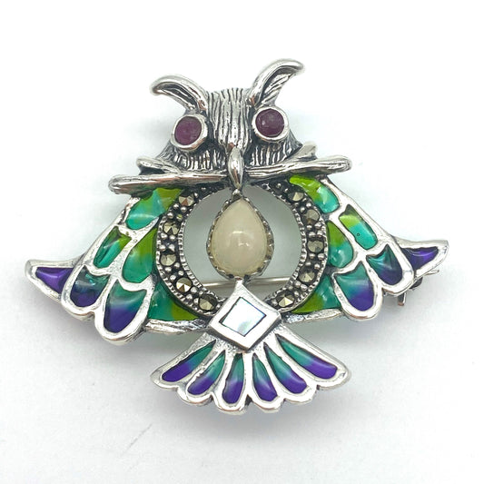 Silver Plique-à-jour Owl Brooch / Pendant with genuine Ruby Eyes, Crystal Opal Tummy and a Mother of Pearl Tail