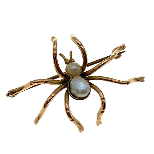 Antique Edwardian 9ct Rose Gold Pearl Spider Brooch