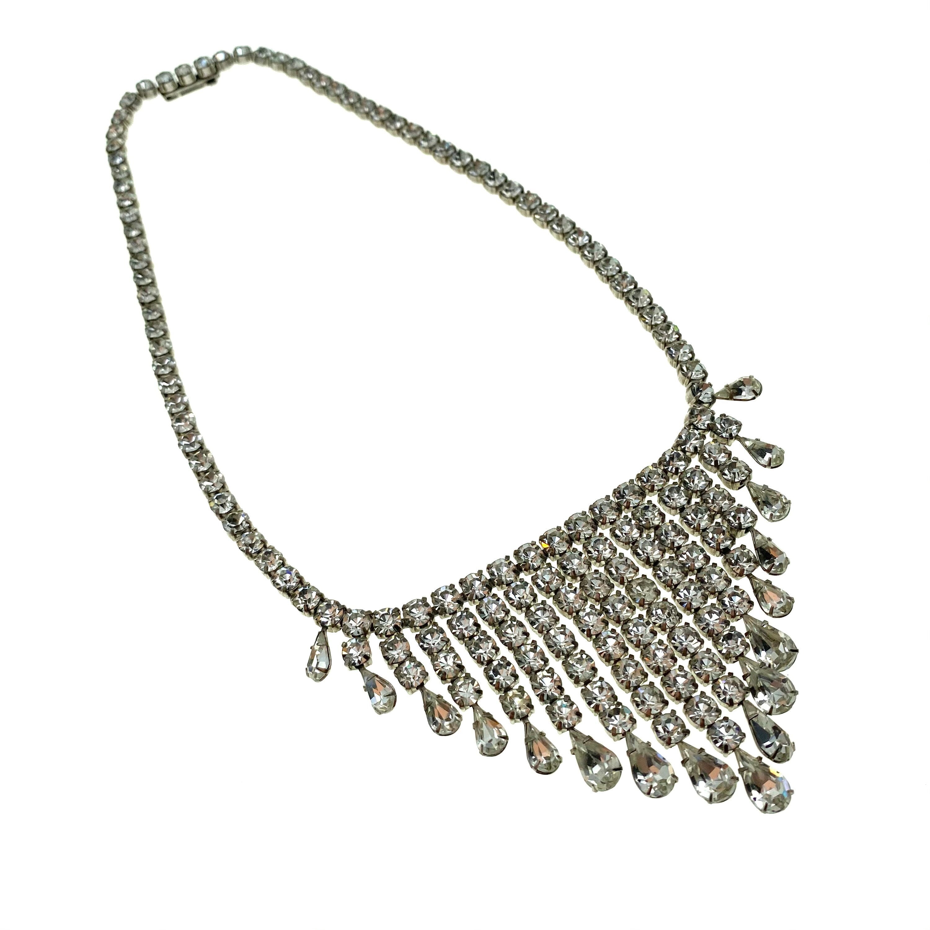 1940's American Sterling Silver Diamante Graduated Fringe Bib