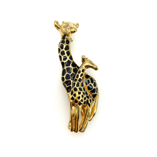 UNSIGNED Attwood and Sawyer 22ct Gold Plated Giraffe Mother and Calf Brooch Black Enamel Colourway