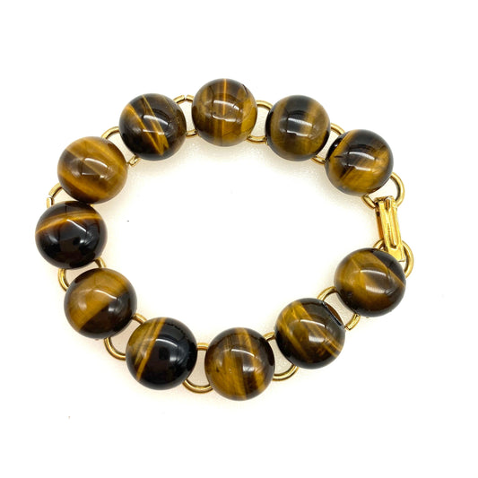 Tigers Eye 1970’s Round Cabochon Gold Tone Bracelet