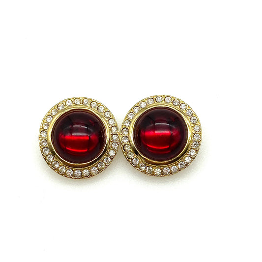 Unsigned Large Red Glass Cabochon Clip on Earrings