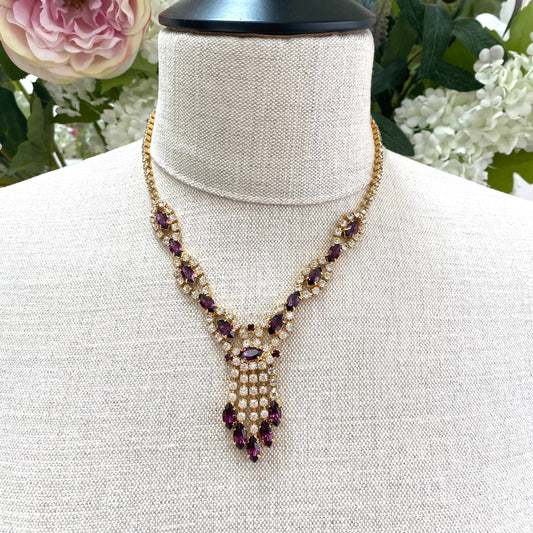 1950's Purple & Clear Rhinestone Articulated Fringe Necklace