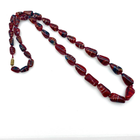 Art Glass Red, Black and White Hand Knotted Graduated Bead Necklace